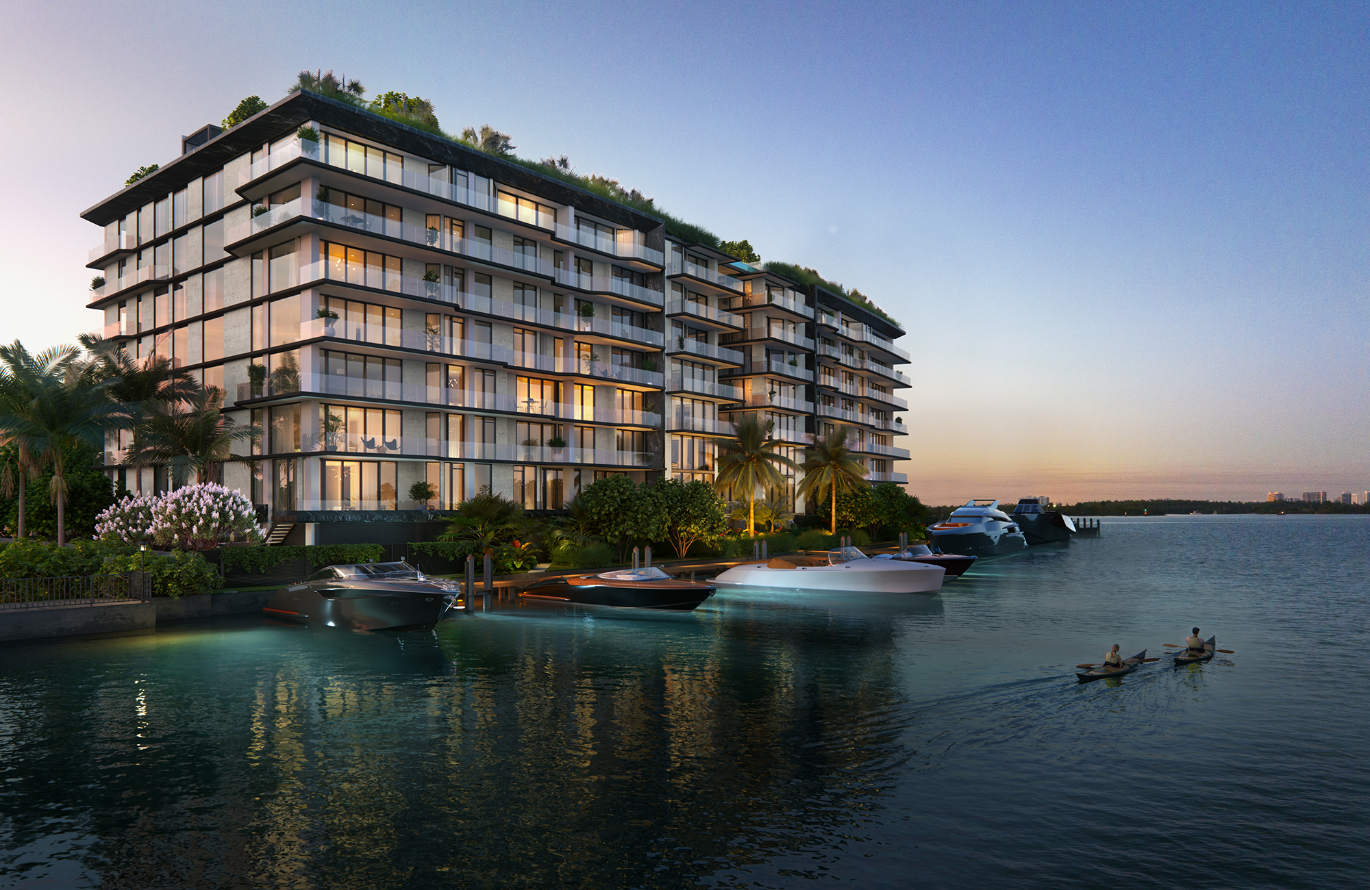 Bay Harbor Towers building at dusk