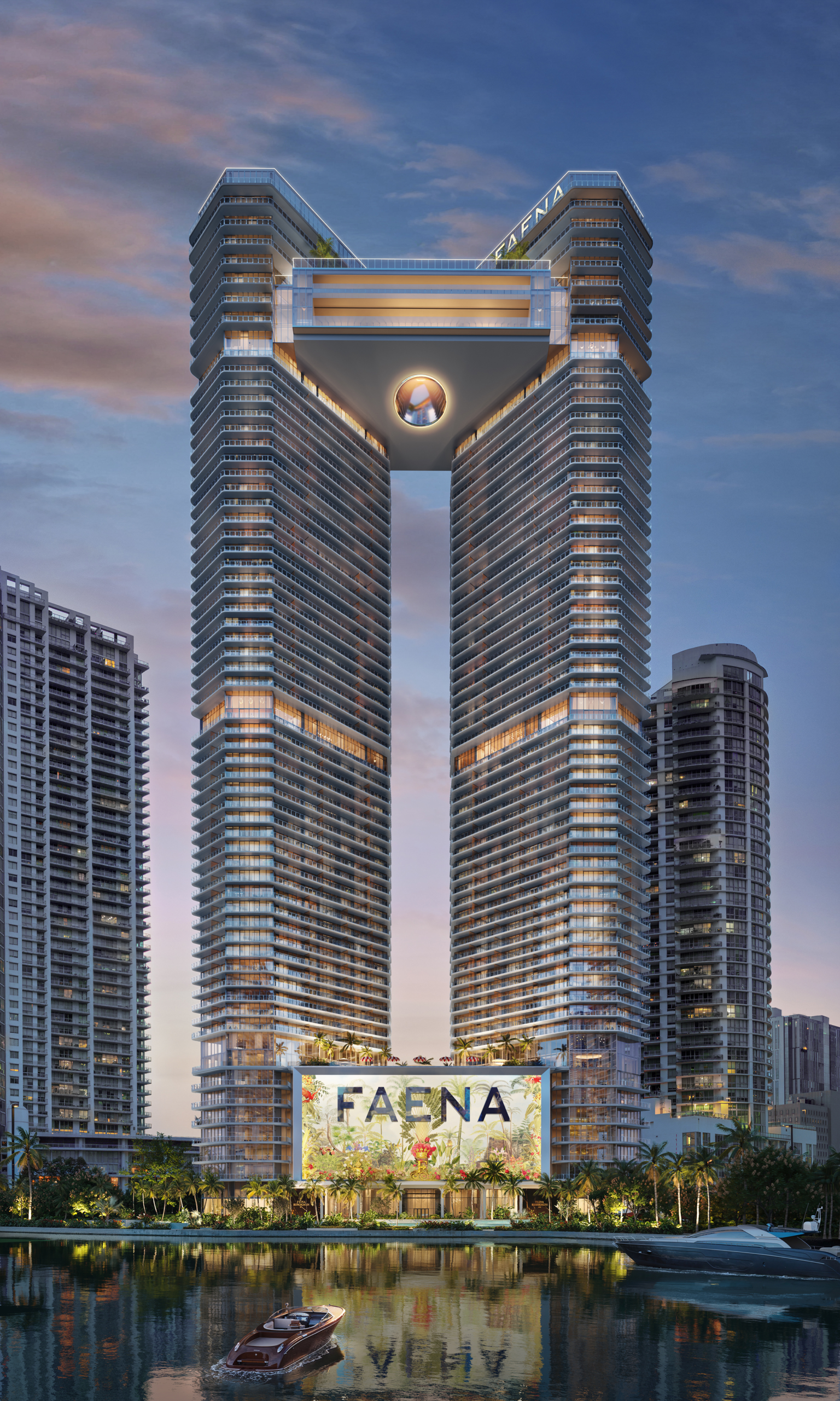 Faena Residences Miami riverfront towers and sky bridge
