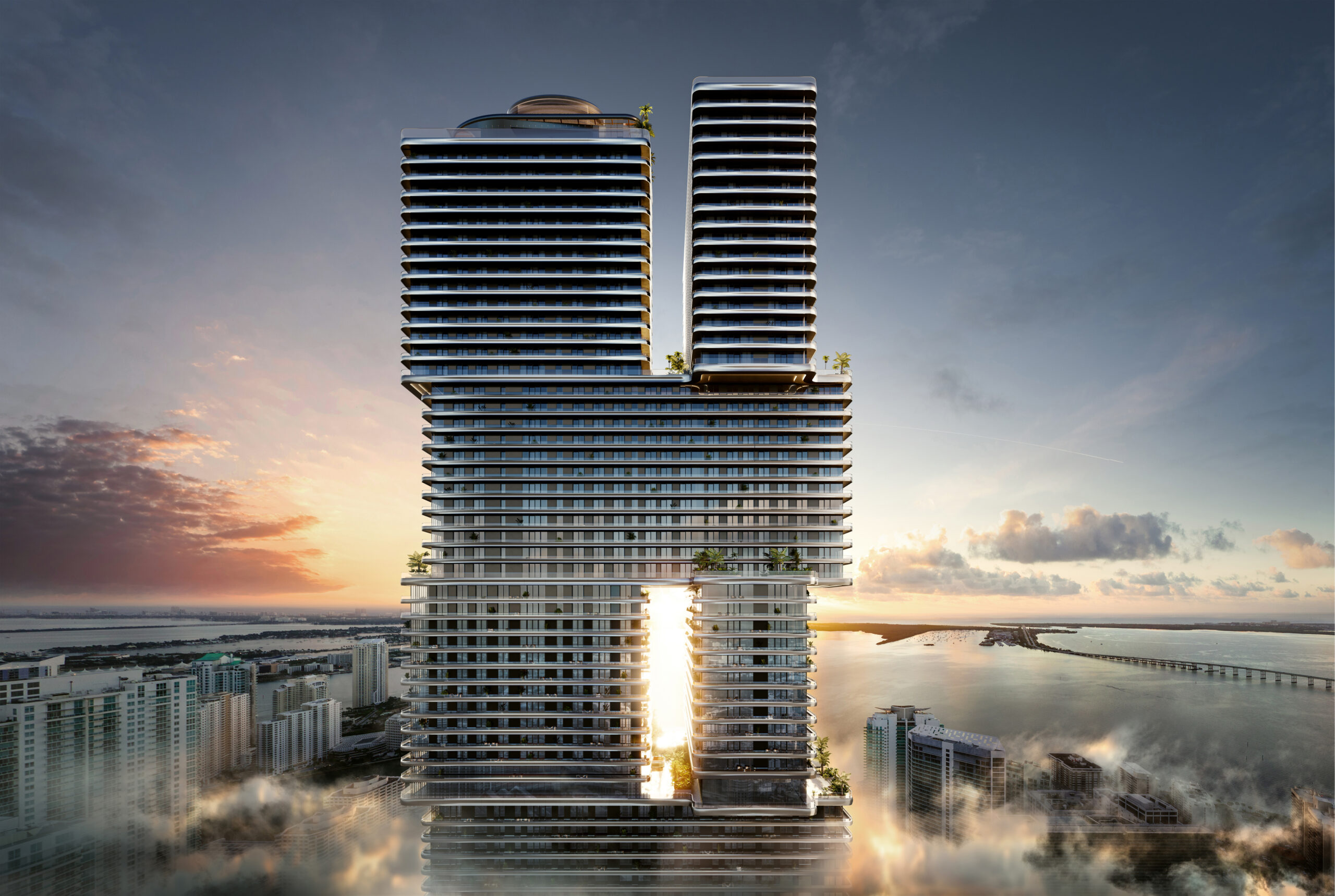 Architectural rendering of Mercedes-Benz Places Miami overlooking Biscayne Bay; JDS Development Group, The Boundary