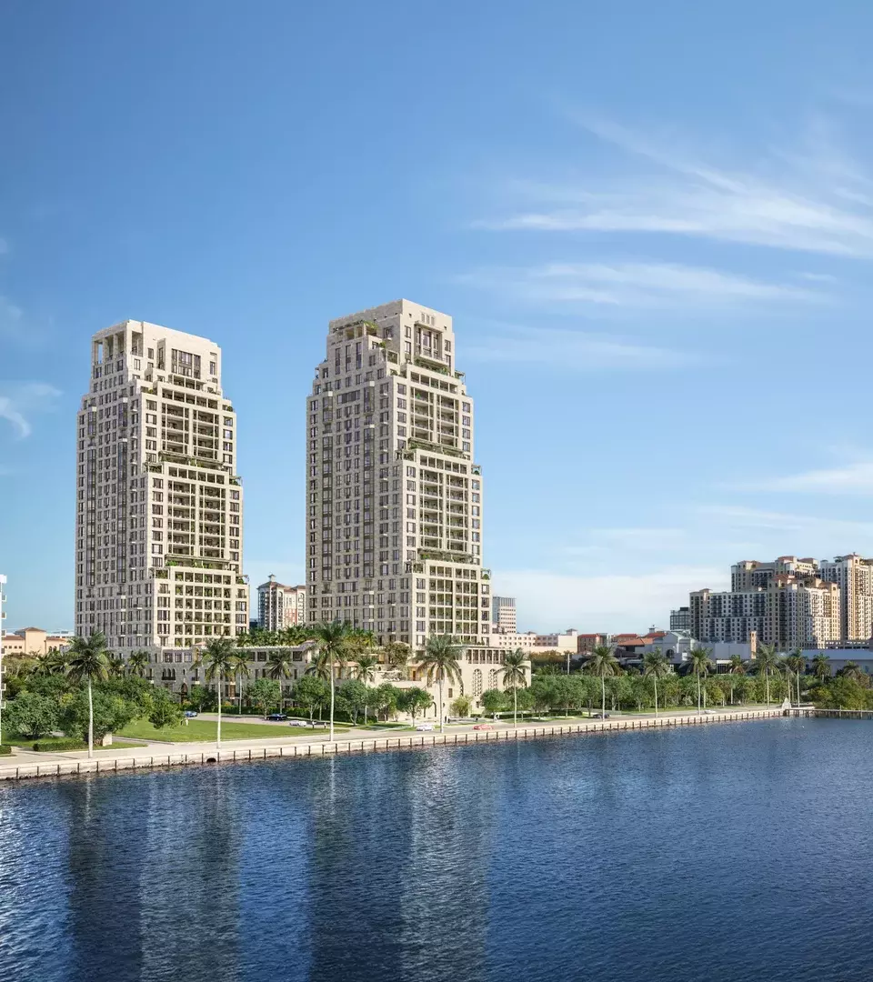South Flagler House twin towers viewed across the Intracoastal Waterway