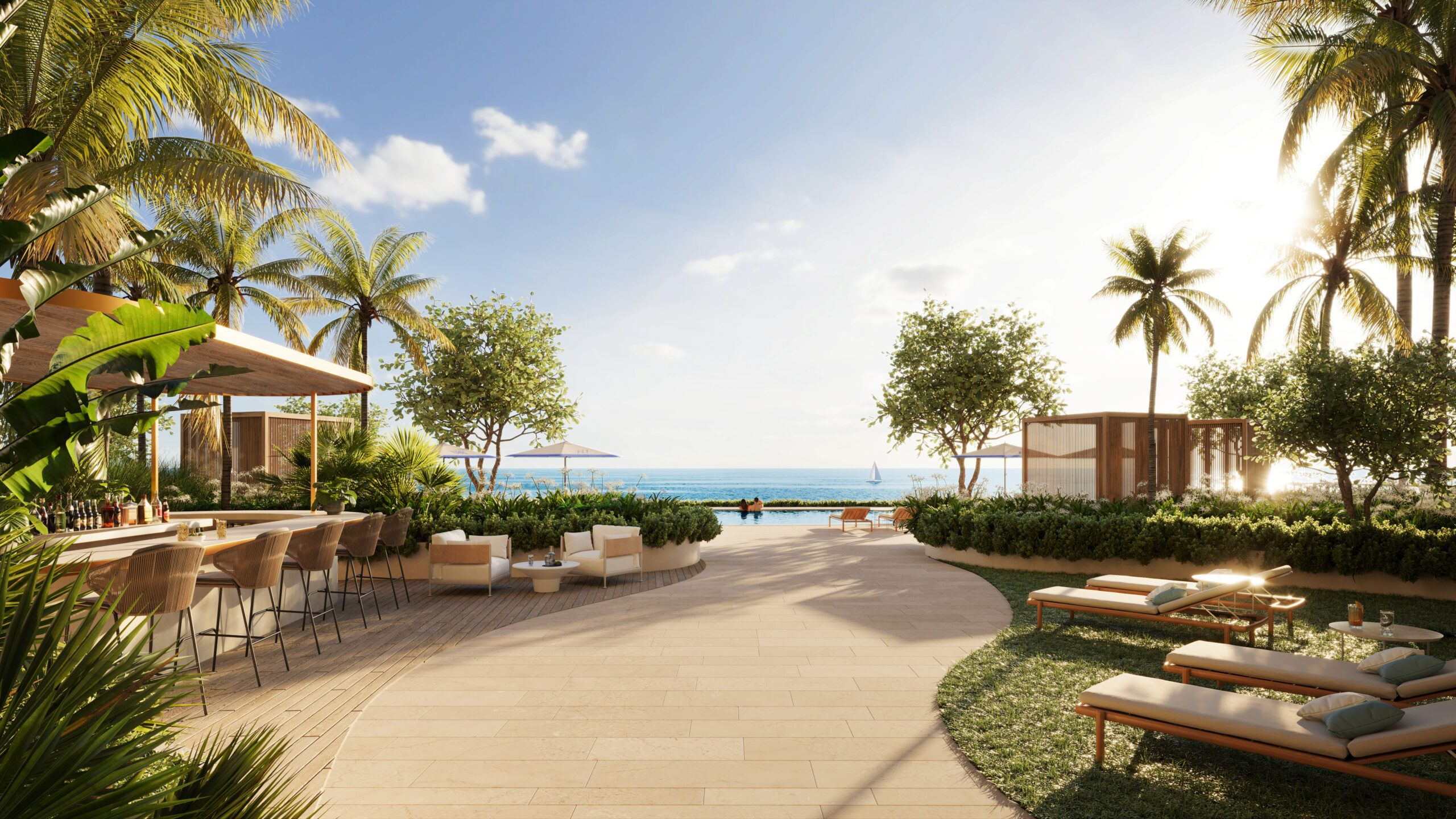 Waldorf Astoria Residences Pompano Beach landscaped outdoor lounge