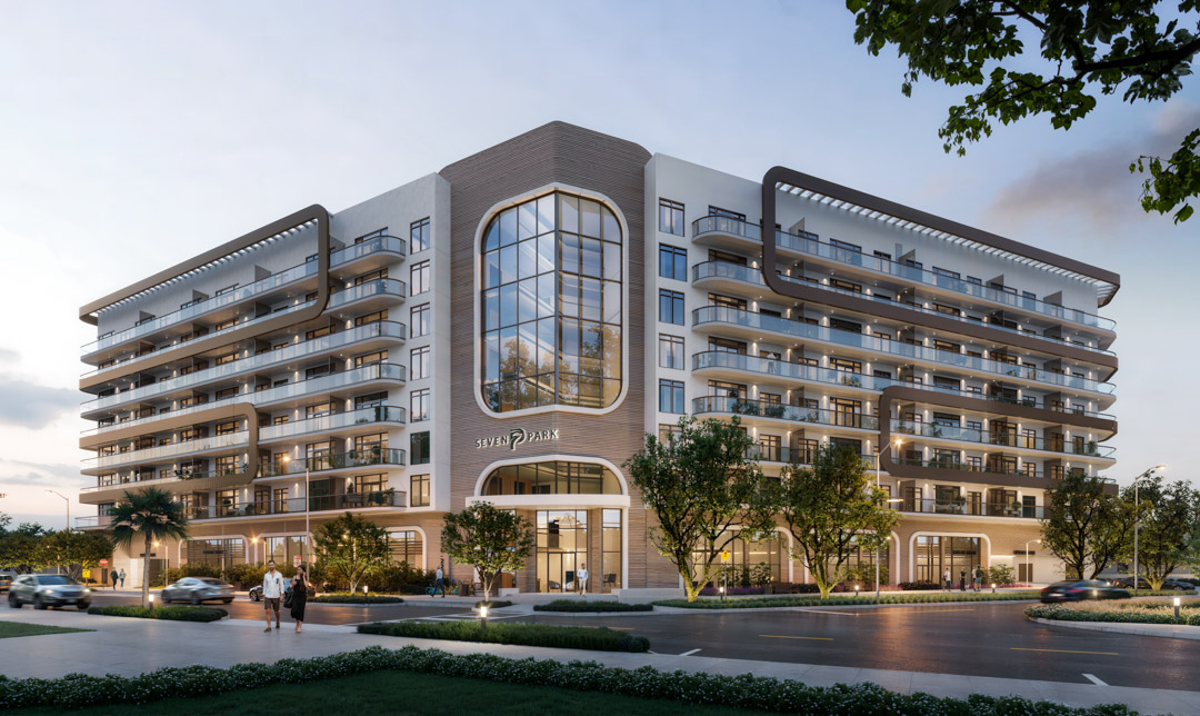 Seven Park Residences building exterior facing Peter Bluesten Park